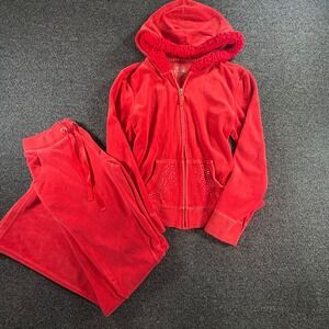Justice Red Velour Tracksuit Junior Size 18Hoodie Pants Set Rhinestone Y2K